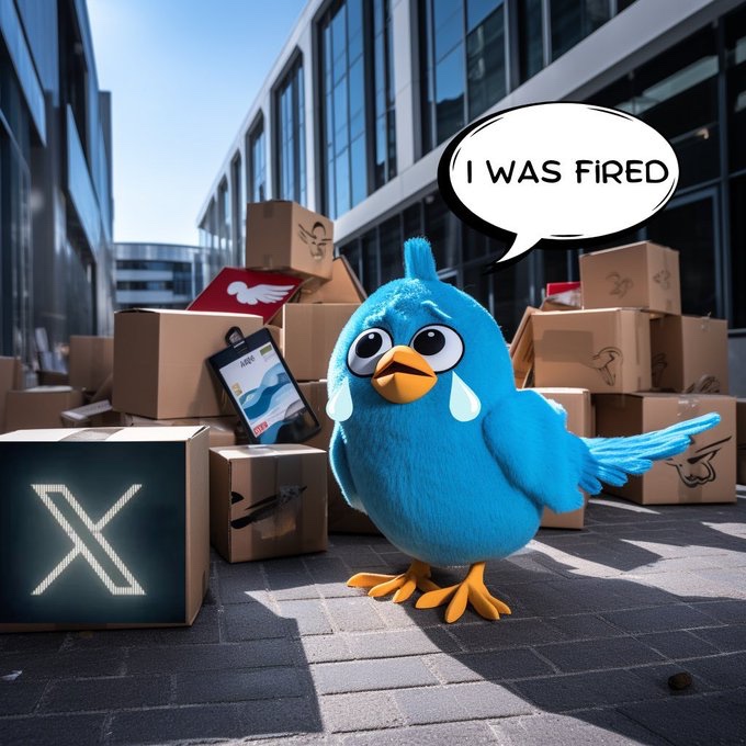 Larry der Twittervogel weinend draußen vor Umzugskartons, auf dem vordereren Karton das neue X für TwitX.