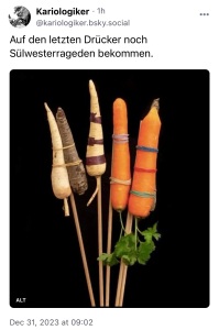 Kariologiker: Auf den letzten Drücker noch Sülwesterrageden bekommen. Dazu zeigt er ein Foto mit Möhren und Petersilienwurzeln, die an Holzstäbe gebunden sind, sodass sie wie Raketen aussehen.